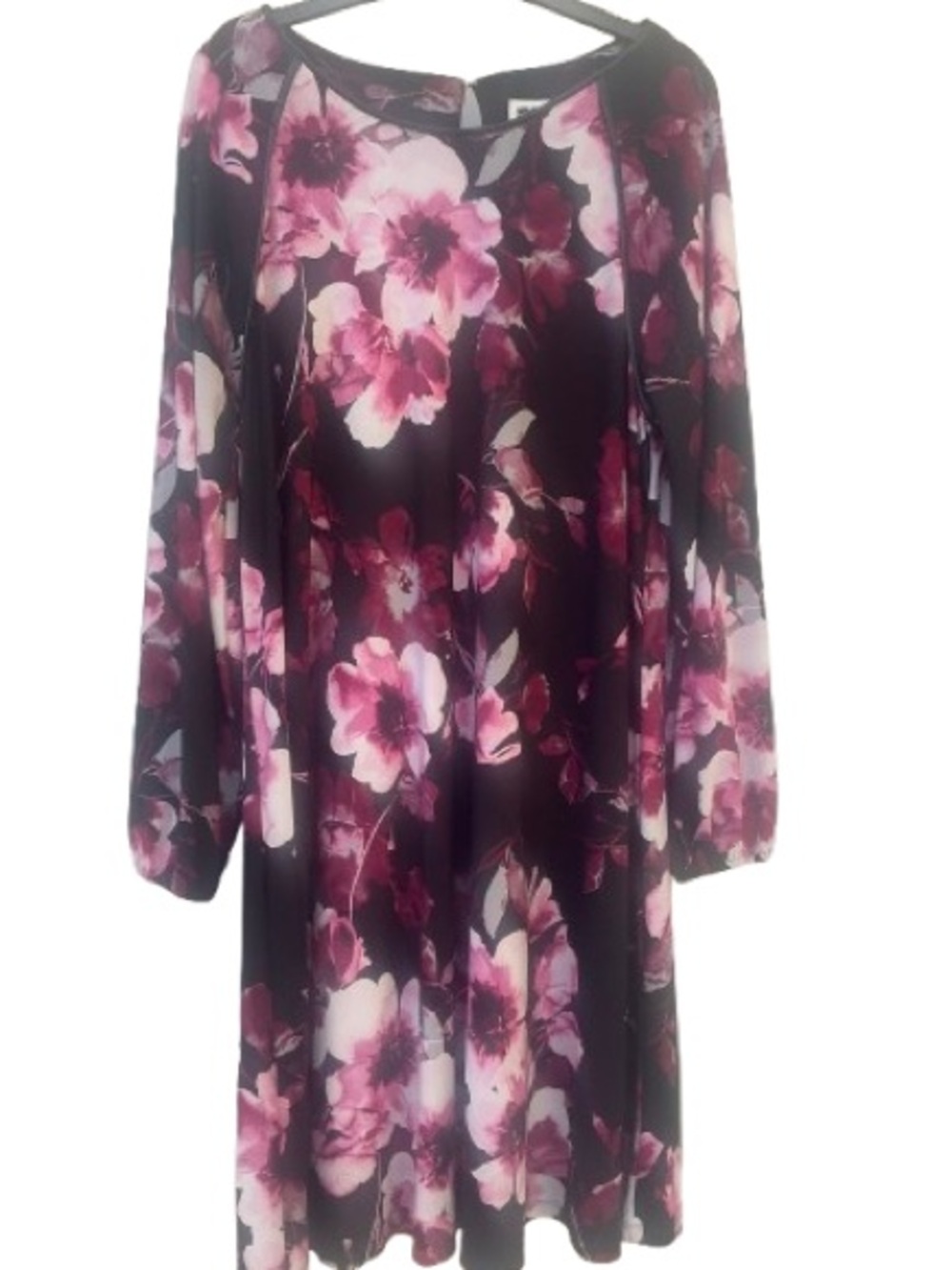 Anne Klein Floral Babydoll Shift Dress Faux Leather Trim Long Sleeve Size 12